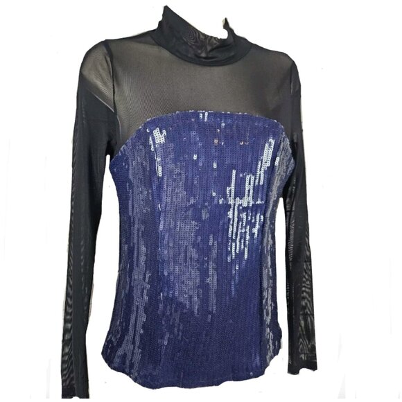 Brand New Maeve Sequin Sheer Mesh Mock-Neck Top - Picture 4 of 7